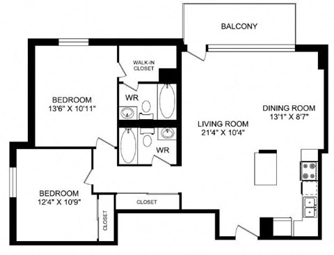 Floor plan for 2 beds, 2 baths, 1052 sqft